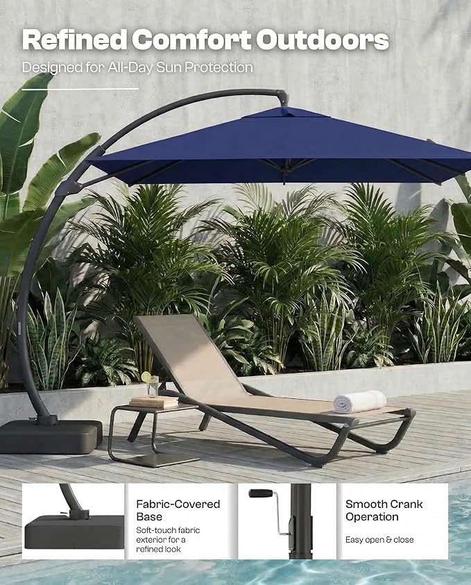10*10 FT Cantilever Umbrella with Base Included, Large Square 360° Rotation Offset Umbrella Outdoor Patio, Heavy Duty Aluminum Frame, Sand-Weighted Stand, for Deck, Backyard, Pool, Garden (Navy Blue)