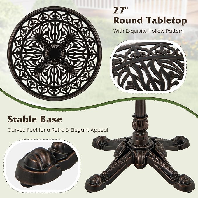 Tangkula 27" Round Cast Aluminum Patio Bistro Table, Weather Resistant Outdoor Dining Table with Hollow Top & Cross Base, Accent Table for Backyard, Garden, Porch, Copper