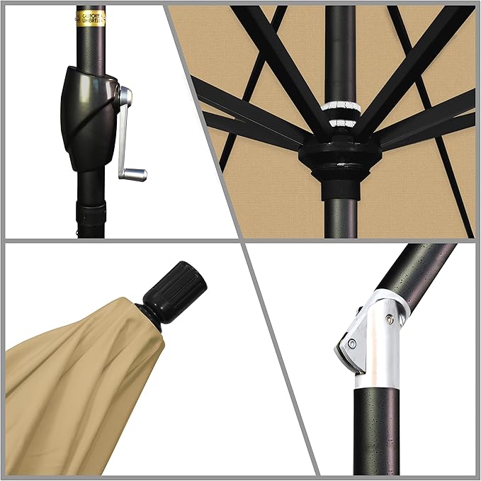 California Umbrella 9' Round Aluminum Market Umbrella, Crank Lift, Push Button Tilt, Black Pole, Champagne Olefin
