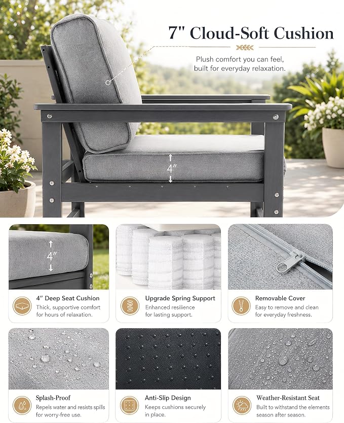 HDPE Outdoor Patio Bistro Set with Cushions, 3 Piece Patio Conversation Set Sofa Set,All Weather Outdoor Couch Set with Coffee Table for Lawn, Garden, Deck