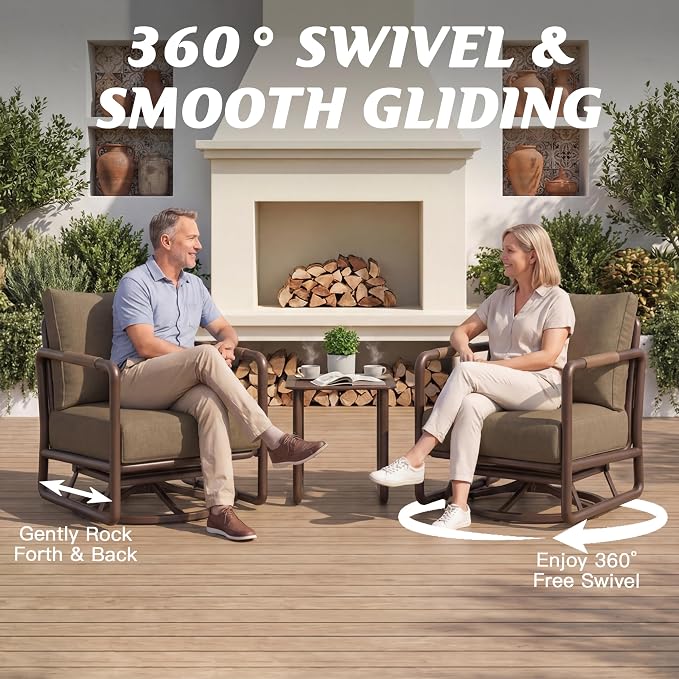 Outdoor Aluminum Patio Furniture Set with 43" Fire Pit Table,7-Seat Outdoor Conversation Set with Swivel Chairs & Loveseat & Ottomans, All-Weather Patio Set for Backyard，Brown