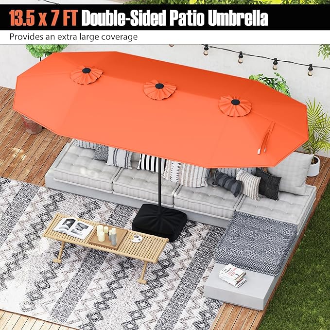 Tangkula 13FT Double-sided Patio Umbrella, Extra Large Twin Table Umbrella with Crank Handle, Umbrella Base, Safety Lock, Air Vent, Outdoor Market Umbrella for Garden Pool Backyard (Orange)
