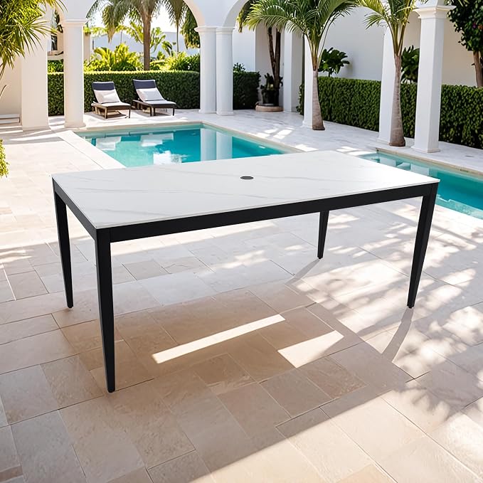 Outdoor Aluminum Marble Dining Table for 6-8, 71” Luxury Patio Table with White Sintered Stone Top, Post Tapered Legs for Garden, Lawn, Weatherproof & Rust-Free