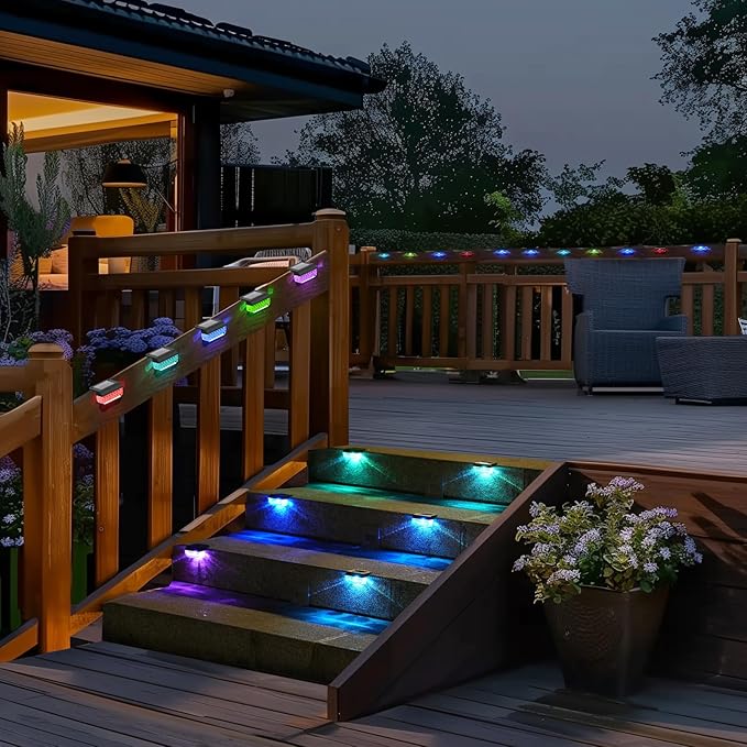 Herzila 12 Pack Solar Deck Lights, RGB Color Changing Christmas Solar Fence Lights, Waterproof Step Lights for Outside, Step, Fence, Deck, Stair, Pool and Yard