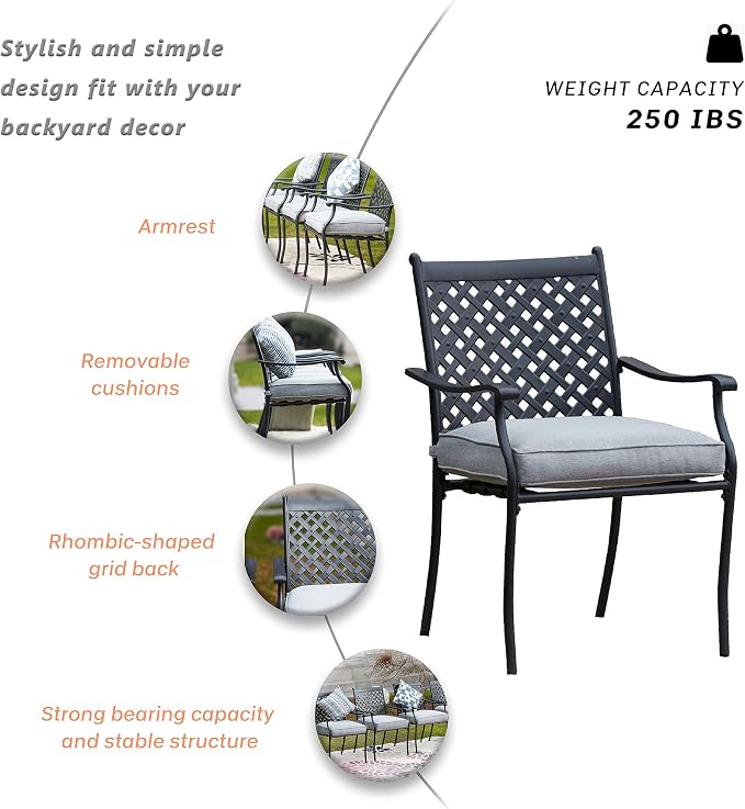 LOKATSE Home 5 Piece Outdoor Patio Metal Dining 4 Iron Arm Chairs with Seat Cushions and 1 Table with Umbrella Hole, Grey-Set