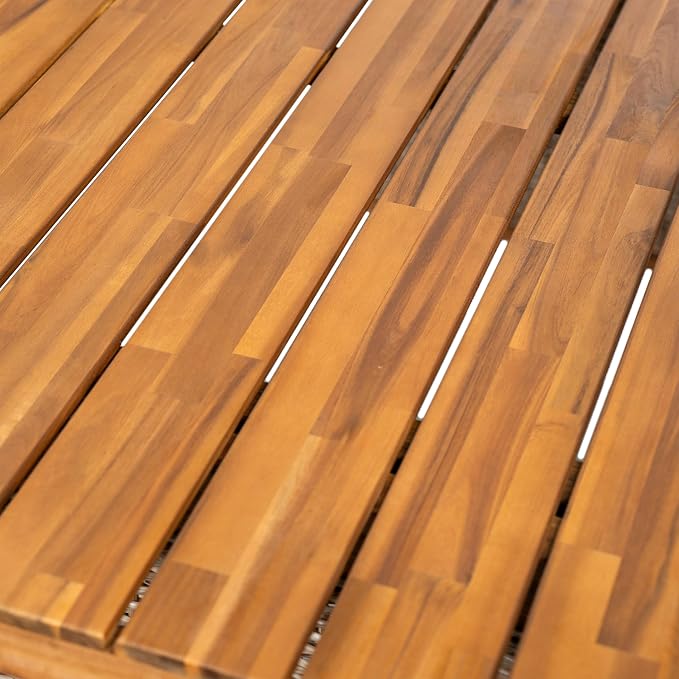 Merax 3-Piece Outdoor Dining Set Acacia Wood, 1 Table + 2 Benches, Slatted Design Tabletop & Woven Rattan Legs, Weather-Resistant Rectangle Patio Dining Set, Brown