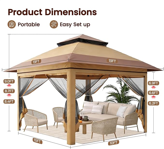 Driftalia 13x13 Pop Up Gazebo, Instant Outdoor Gazebo with Mosquito Netting, Vented Roof and Carry Bag for Patio, Garden & Backyard - Beige & Coffee