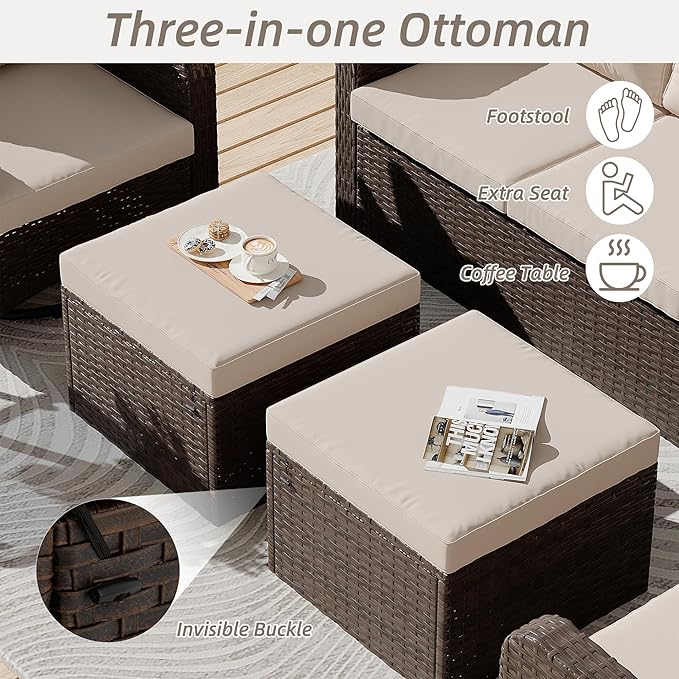 HOMREST 5 Piece Outdoor Patio Furniture Set-Wicker Swivel Chairs Set of 2 with 2 Ottoman, Coffee Table & Cushions Small Patio Furniture Set for Garden, Balcony (Khaki)