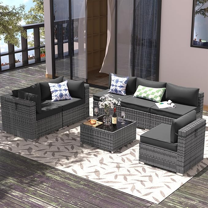 Outdoor Patio Furniture Set 7 Pieces Sectional Rattan Sofa Set, PE Wicker Patio Conversation Set with 6 Seat Cushions and 1 Tempered Glass Table and Furniture Cover, Black