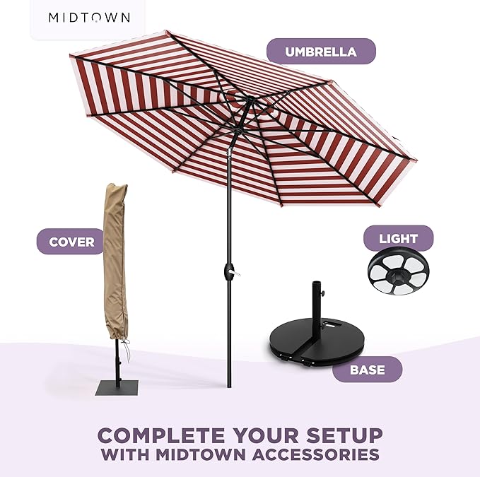 MIDTOWN UMBRELLAS The Lean 8 Feet Outdoor Umbrella With Terylast Red Stripes (Red/White Stripes) Polyester Fabric - 8 Ribs Aluminum Frame Patio Umbrella With Zinc Alloy Crank Lift And Auto-Tilt System