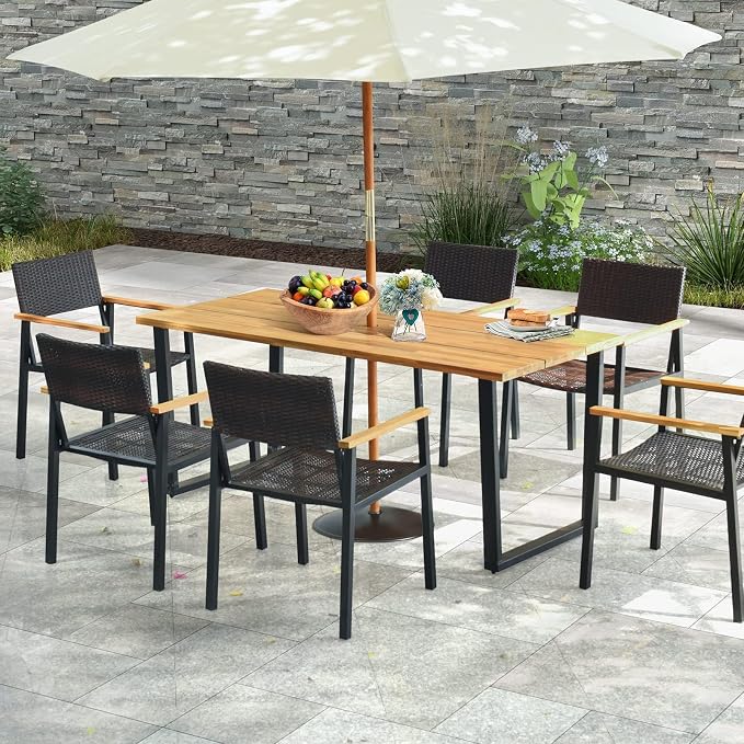 HAPPYGRILL Acacia Wood Dining Table for 6, Outdoor Patio Table with Metal Frame and 2 inch Umbrella Hole, 69 x 32 inch Rectangular Outdoor Table for Porch Balcony Garden