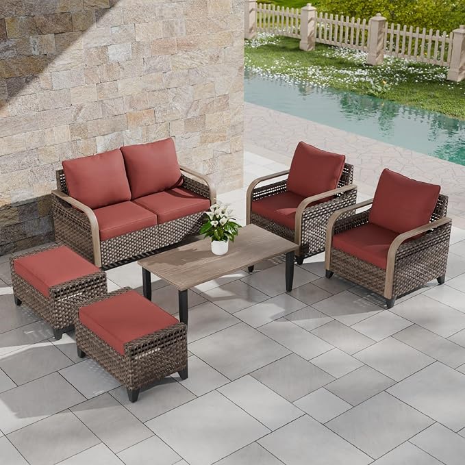 COOS BAY Modern Wicker Outdoor Furniture Set, 6 Piece Patio Conversation Set with 2 Patio Chairs, a 3 Seat Couch, 2 Ottomans and Coffee Table, 6 Piece, Brown/Red