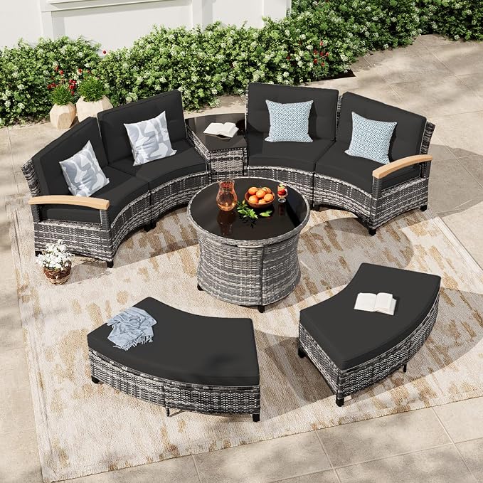 MEISSALIVVE 8-Piece Half-Moon Curved Outdoor Patio Furniture Set, Sectional Conversation Sofa with 2 Half-Moon Ottomans, Round Coffee Table for Backyard Deck Garden, Black