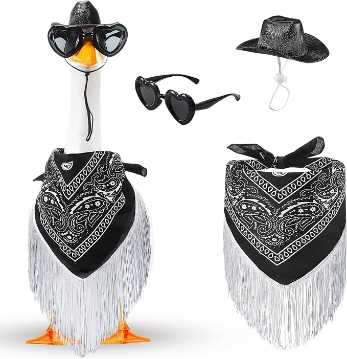 Disco Cowgirl Porch Goose Outfit 23" Cement Goose Statue Fringe Bandana Sunglasses for Summer Lawn Desk Patio Yard(Black)