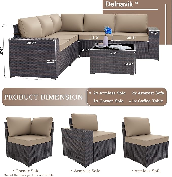 Patio Furniture Set Sofa 6-Pieces Wicker Sectional Sofa Set, Outdoor Furniture Rattan Patio Conversation Set with Thickened Cushion and Glass Coffee Table, Sand