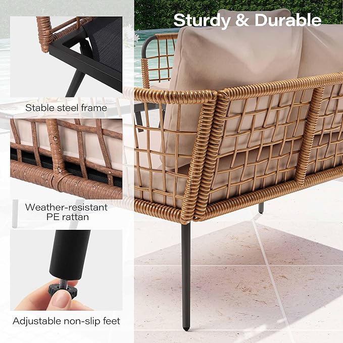 LAUSAINT HOME 4 Pieces Outdoor Patio Furniture Set, Rattan Balcony Furniture with Coffee Table, Patio Conversation Set with Soft Cushions for Patio, Porch, Balcony and Backyard