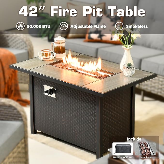 6-Piece Outdoor Patio Furniture Set with Fire Pit Table,All Weather Wicker Rattan Patio Seating Sofa and Chair Set with Ottomans,Outdoor Conversation Sets with 3 Seater Couch for Porch Deck Yard,Grey