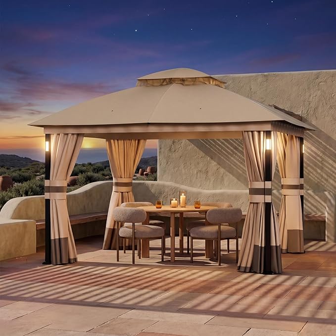 Covered Outdoor Patio Gazebo 10'x12' with LED Lights & Bluetooth Speaker, Heavy Duty Outdoor Canopy Shelter with Metal Frame, Double Roofs, Soft Top Gazebo with Netting and Curtains, Khaki