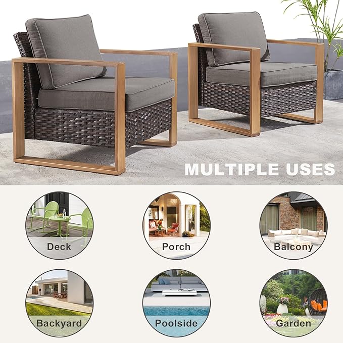 Rilyson Outdoor Wicker Patio Furniture Set - 5 Piece Patio Conversation Set with 2 Wicker Armrest Chairs,2 Rattan Ottoman, 1 Side Table, Sturdy Frame, Thick Cushions, Deep Seating(Brown/Grey)
