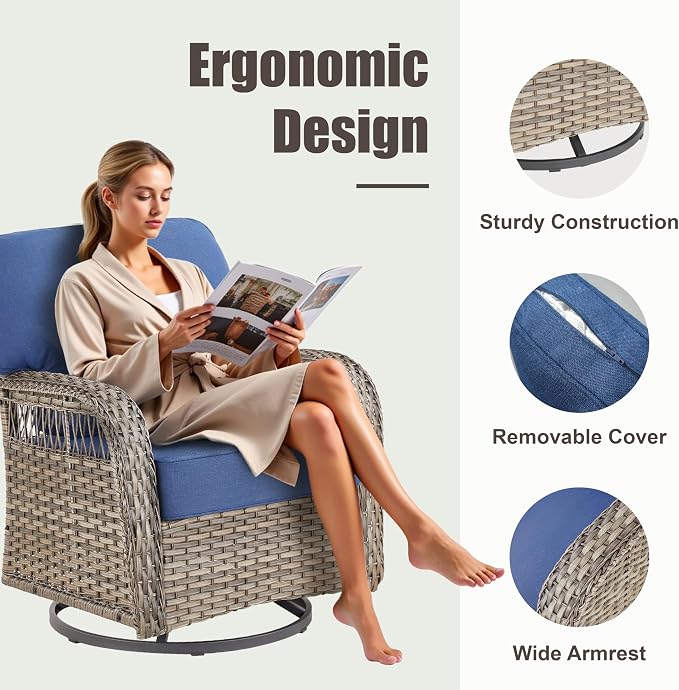 3 Pieces Patio Furniture Set with Swivel Chairs, All Weather Wicker Swivel Rocker Patio Chairs Rattan Side Table, High Back Outdoor Seating Furniture for Deck Porch Sunroom Backyard, Blue