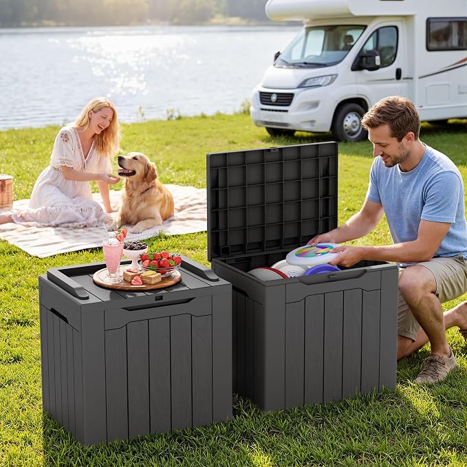 GUNJI 30 Gallon Small Deck Box Outdoor Waterproof Resin Storage Box Lockable Storage Container Outside Package Delivery Box 2 Packs (Gray, 2 Packs)