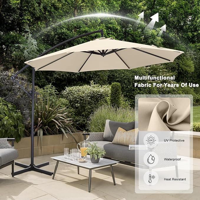 ABCCANOPY 10FT Cantilever Patio Umbrella with base included, 360° Rotation Outdoor Offset Umbrella for Backyard, Deck, Poolside (Creamy White)