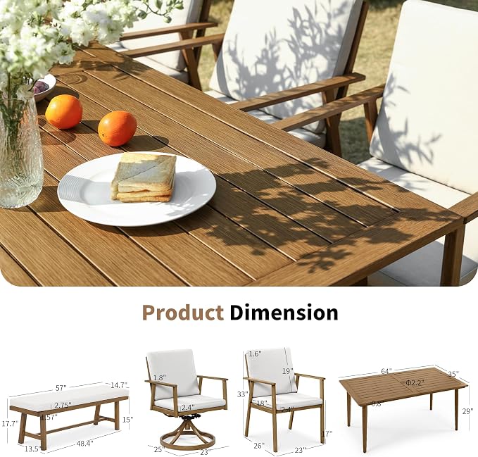 6-Piece Outdoor Table Set with Chairs & Bench, 6-Person Outdoor Rectangular Dining Table with Umbrella Hole, Faux Wood Grain Patio Table Set with Swivel Chair for Garden Backyard Proch, Teak