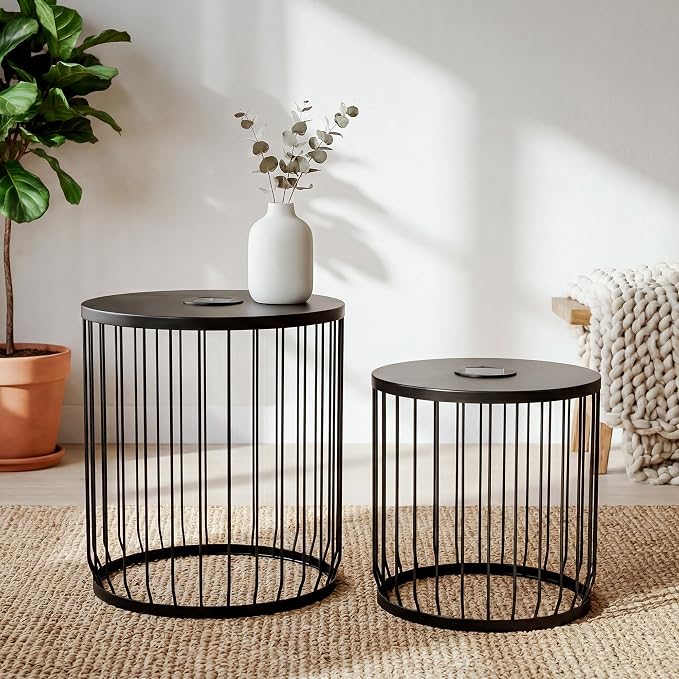 Solar Nesting Side Table Set of 2, Modern Black Metal Wire Round End Tables with Dusk to Dawn LED Light & On/Off Switch, Industrial Accent Tables for Patio, Balcony, Living Room, Garden (Solar 2)