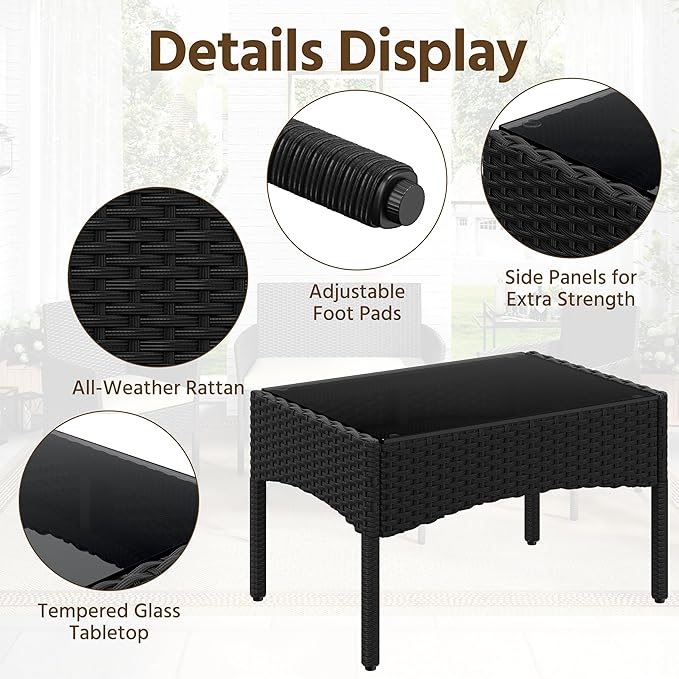 Yaheetech Patio Furniture Set 4 Pieces Conversation Sets, Rattan Chair Wicker Set Loveseat with Soft Cushion and Glass Table for Backyard Porch Garden Poolside Balcony, Black and Beige