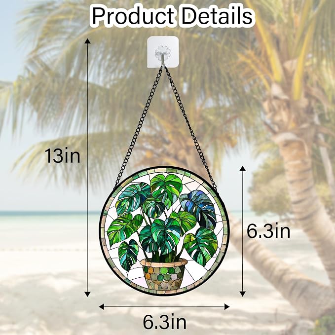 DASTOLL Stained Glass Window Hanging, Green Plant Monstera t Suncatcher Diamond Colorful Glass Panel Sun Catchers Decor for Birthday for Women, Men, Wife, Aunt, and Mom 6.3 in