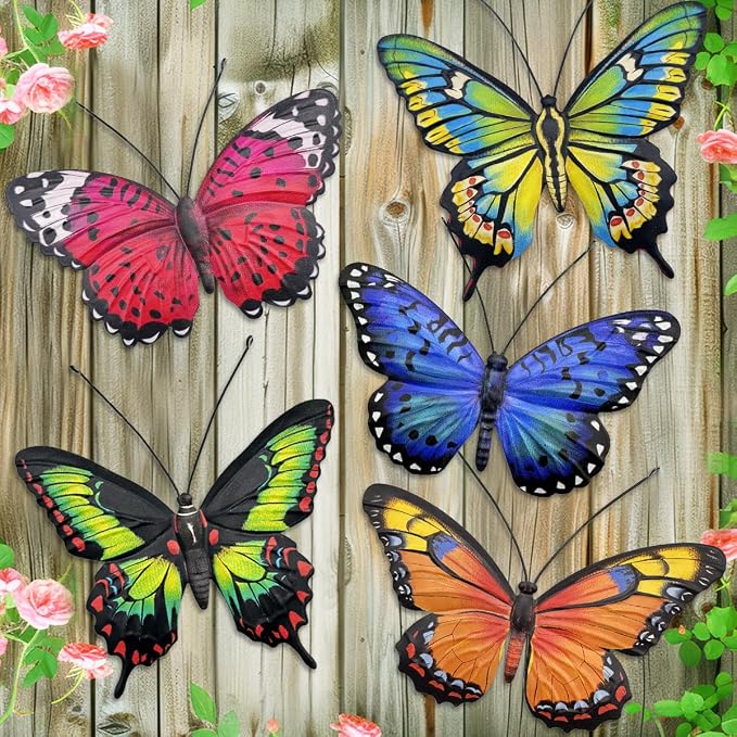 EOORAU Metal Butterfly Wall Decor - 5 Pcs 3D Lifelike Metal Butterflies Outdoor Wall Art Sculpture Hanging Decorations for Outside Fence Yard Patio Garden Exterior Decorations