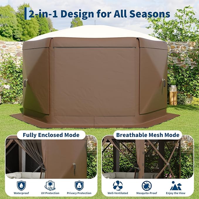 GarveeLife 11.5x11.5FT 6-Sided Pop Up Gazebo Tent，One-Push Setup Canopy Tent with Mesh Panels & Removable Wind Cloths, Outdoor shelter for Camping, Backyard Parties, Outdoor Events - Beige & Khaki