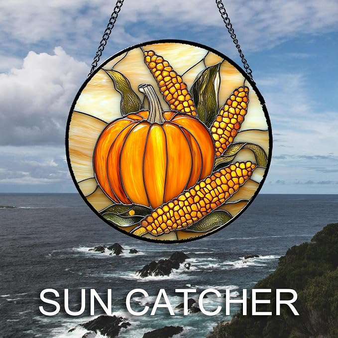 DASTOLL Stained Glass Window Hanging Autumn Harvest Pumpkin Corn 7.8" - Suncatcher Door Garden Kitchen Sunroom Sun Catcher Fall Home Decor Birthday for Mom Grandma Men Woman
