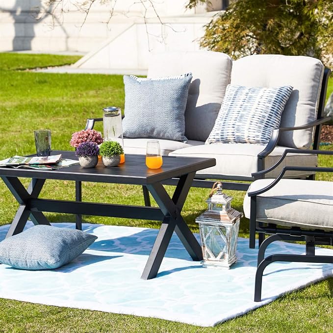 Patio Conversation Set Metal Outdoor Furniture Sets All Weather Cushioned Loveseat & 2 Rocking Chairs & 1 Coffee Table for Poolside Lawn Yard 4pcs