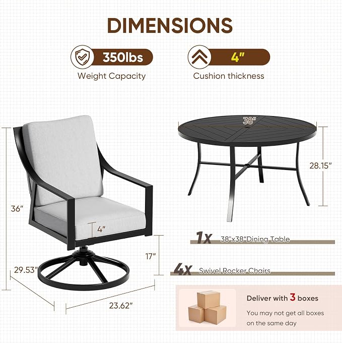NATURAL EXPRESSIONS 5-Piece Outdoor Patio Dining Set, Black Patio Swivel Rocking Chairs and 38’’ Round Dining Table with 1.65’’ Umbrella Hole