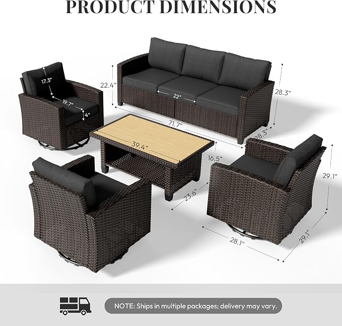 WWR Patio Furniture Set-30% Thicker Wicker-Luxury 5 Piece PatioWicker Outdoor Patio Conversation Set with Extra Wide & Thick Cushions, Swivel Rocking Chairs for Backyard, Porch & Deck