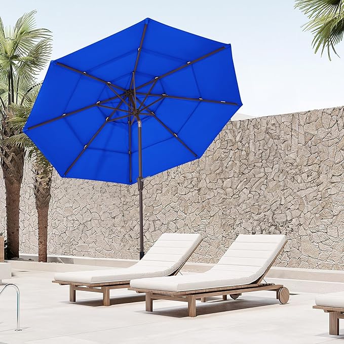 JEAREY 9FT 3 Tier Patio Umbrella Outdoor Market Umbrella Table Umbrellas with 8 Ribs 1.5 Pole Push Button Tilt and Crank UV Protection for Garden,Royal Blue