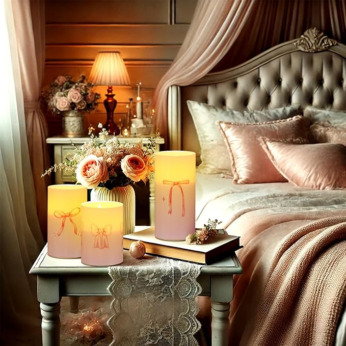 Tujoe 3 Pcs Valentines Flameless LED Candle with Remote Coquette Pink Bow Candles Pillar Candle Set Battery Operated Romantic Valentine Decorations for Home Wedding Bachelorette Bridal Birthday