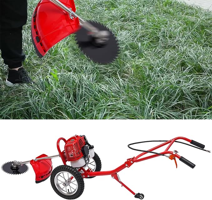 49CC Gas Lawn Mower, 2-Stroke Walk Behind Push Lawn Mower Trimmer, Eater Brush Cutter with Wheels Height Adjustable Grass Pruning Shears Mower Weed for Home Garden Yard