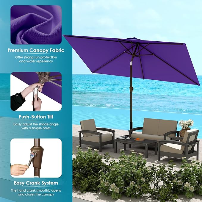 GREENVINES 6.5X10 FT Rectangular-Patio-Umbrella | Outdoor-Table-Umbrellas | 6 Sturdy Steel Ribs | Push Button Tilt & Crank | Waterproof | Market Umbrella | for Pool Backyard Garden Deck | Purple