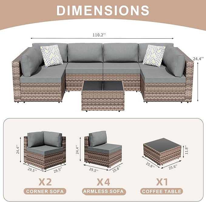 JAMFLY 7-Piece Outdoor Patio Furniture Set, Modular PE Rattan Sectional Sofa with Thick Cushions & Glass Coffee Table for Poolside, Balcony, Garden(Grey Cushion)