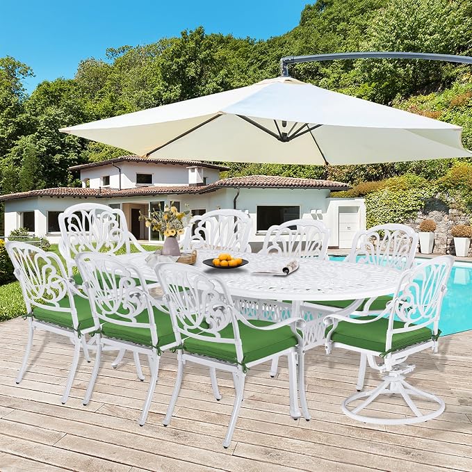 9-Piece Patio Dining Set, Outdoor Patio Table and Chair Set of 84” Oval Cast Aluminum Dining Table with Umbrella Hole, 6 Stationary, 2 Swivel Rocker Chairs, Patio Funiture Set, White
