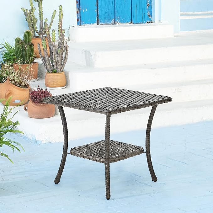 Patio Table Outdoor Side Tables - Wicker Coffee Table with 2-Shelf Storage Rattan End Table Square for Outdoor Patio Porch Deck Balcony Garden(Mixed Grey/Wicker Top)