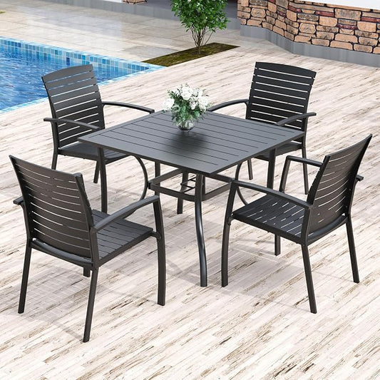 Anmutig Outdoor Dining Set for 4, 35" Square Table & Aluminum Frame Chairs | Stackable Chairs, Resin Slat Seating, Powder-Coated Steel Table, Umbrella Hole, Easy Assembly, Patio, Garden, Backyard