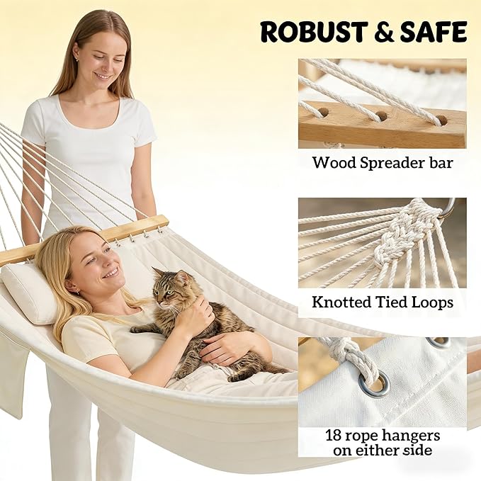 2-Person Tree Hammock Outdoor, Portable Double Hammock Without Stand, Detachable Headrest Magazine Pocket, 450 lbs Capacity, Camping Patio Backyard Indoor Outdoor Hammock Bed (Cream White)