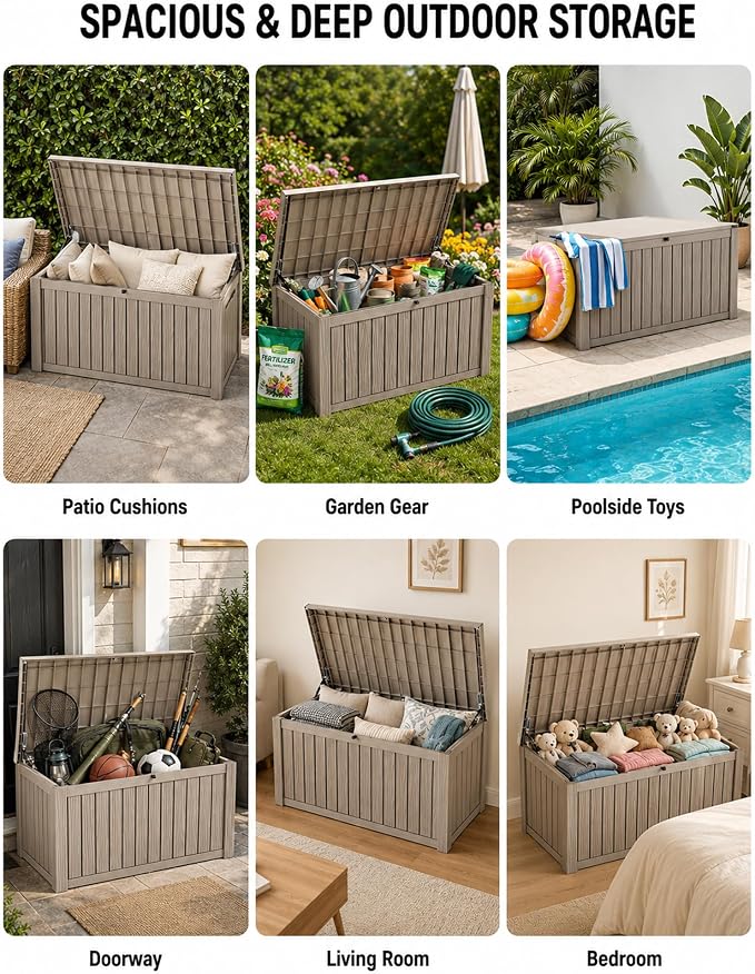 MAKINO 205 Gallon Large Waterproof Deck Box, Heavy Duty Resin Outdoor Storage Box, Outdoor Storage Bench with Hydraulic Rod for Patio/Cushions/Garden Tools/Backyard/Pool Accessories, Grey Brown