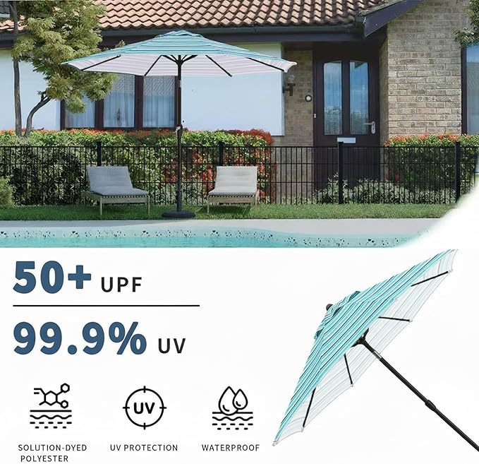 10FT Patio Umbrella, Outdoor Umbrella with Push Button Tilt and Crank, 8 Sturdy Ribs, UV Protection & Waterproof Market Umbrella for Pool, Backyard, Beach,Deck (Blue Green Stripes)