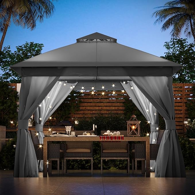 LAUSAINT HOME Patio Gazebo 10'x10', Outdoor Heavy Duty Party Tent Shelter with Double Roofs, Mosquito Nettings and Privacy Screens for Backyard, Garden, Lawn, Gray