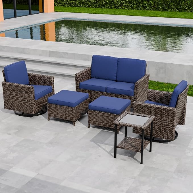 COOS BAY Harbor Retreat 6 Piece Outdoor Furniture Set, Patio Conversation Set with Swivel Rocking Chairs, 2 Seat Loveseat, Side Table and Ottomans, Wicker Furniture, Brown/Blue