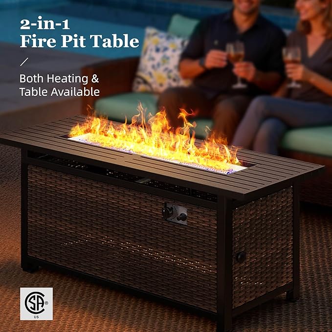HERA'S HOUSE Patio Furniture Set with Fire Pit Table, Outdoor Wicker Furniture, All Weather Deep Seating Conversation Sofa Set, Brown Rattan Chairs for Deck Backyard, Blue